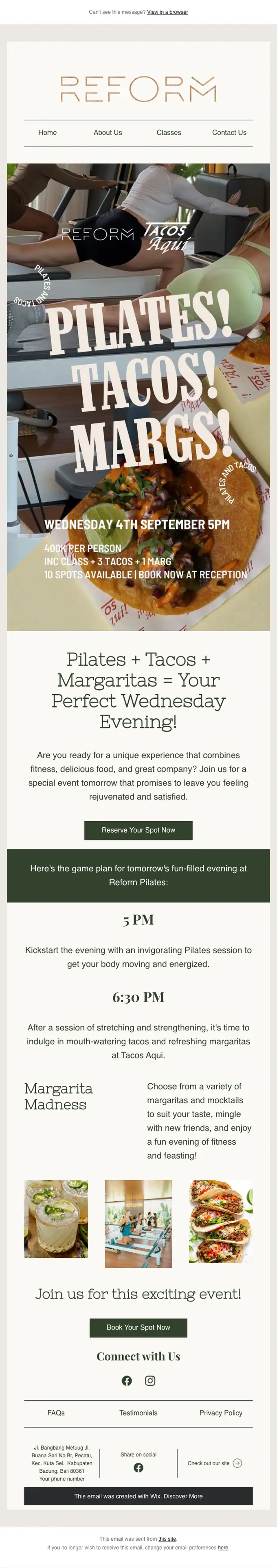 Reform Pilates Bali event invite email, full length