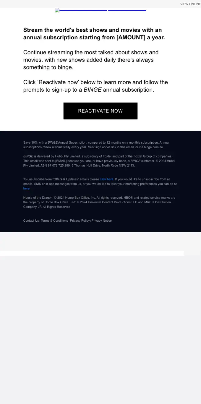 Binge discount offer email, full length