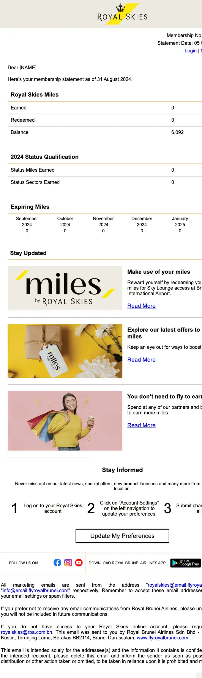 Royal Skies account notice email, full length