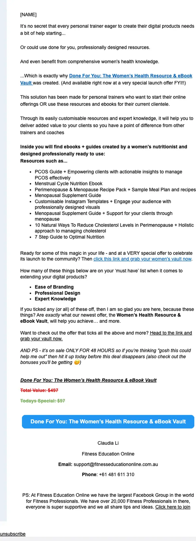 Fitness Education Online promotional email, full length