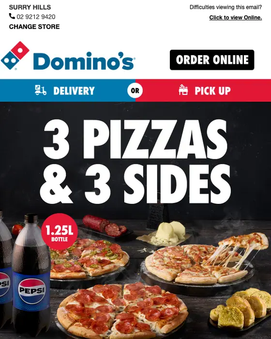 Domino's promotional email: 🍕 TGIF! Get 3 Large Pizzas + 3 Sides From $29* Pick Up