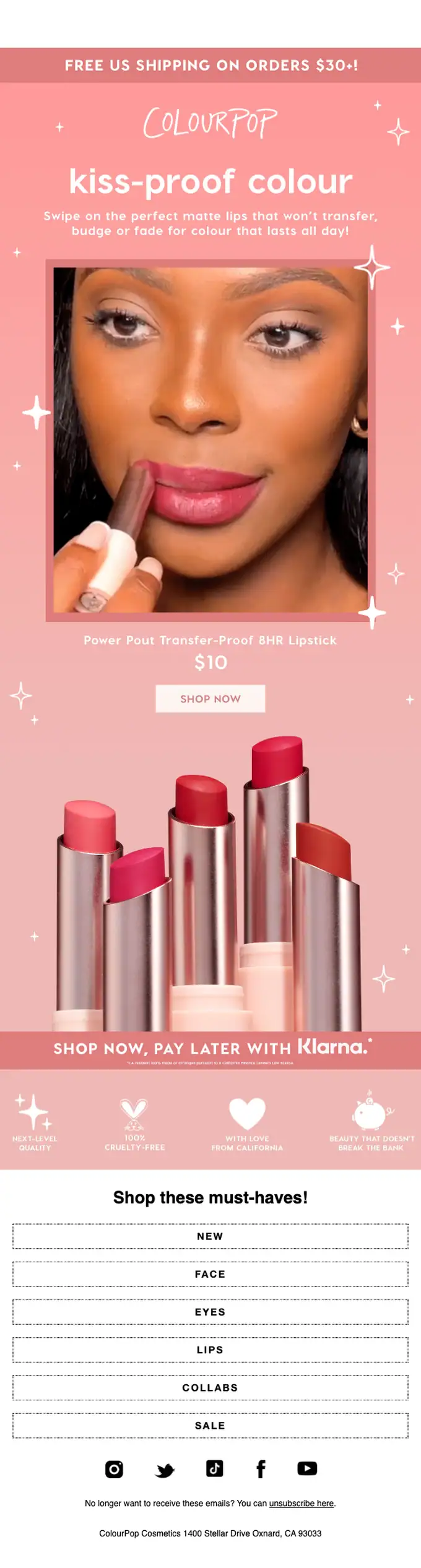 ColourPop Cosmetics product launch email, full length