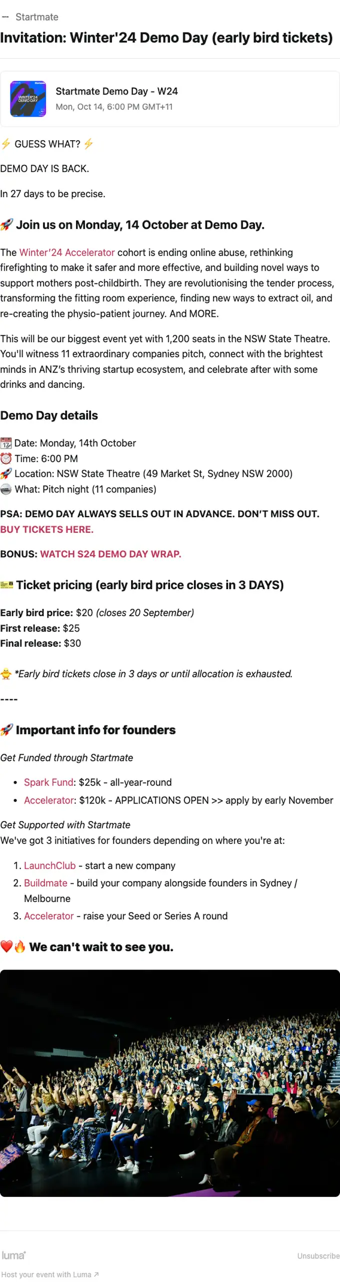 Startmate event invite email, full length