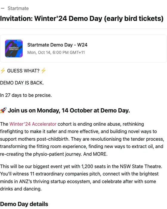 Startmate event invite email