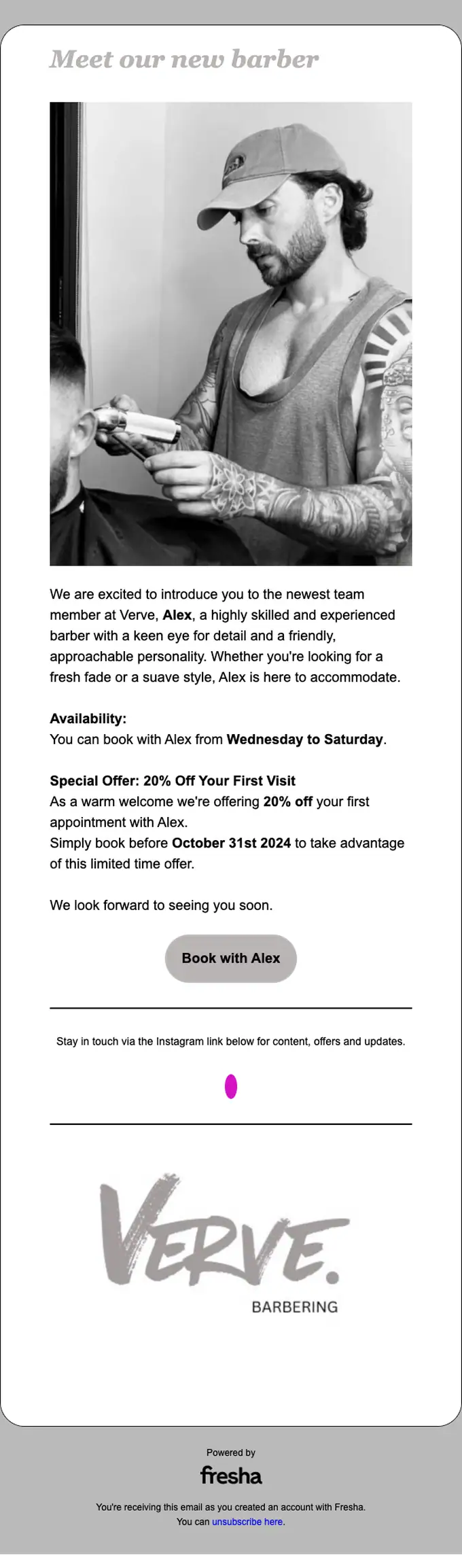 Verve Barbering promotional email, full length