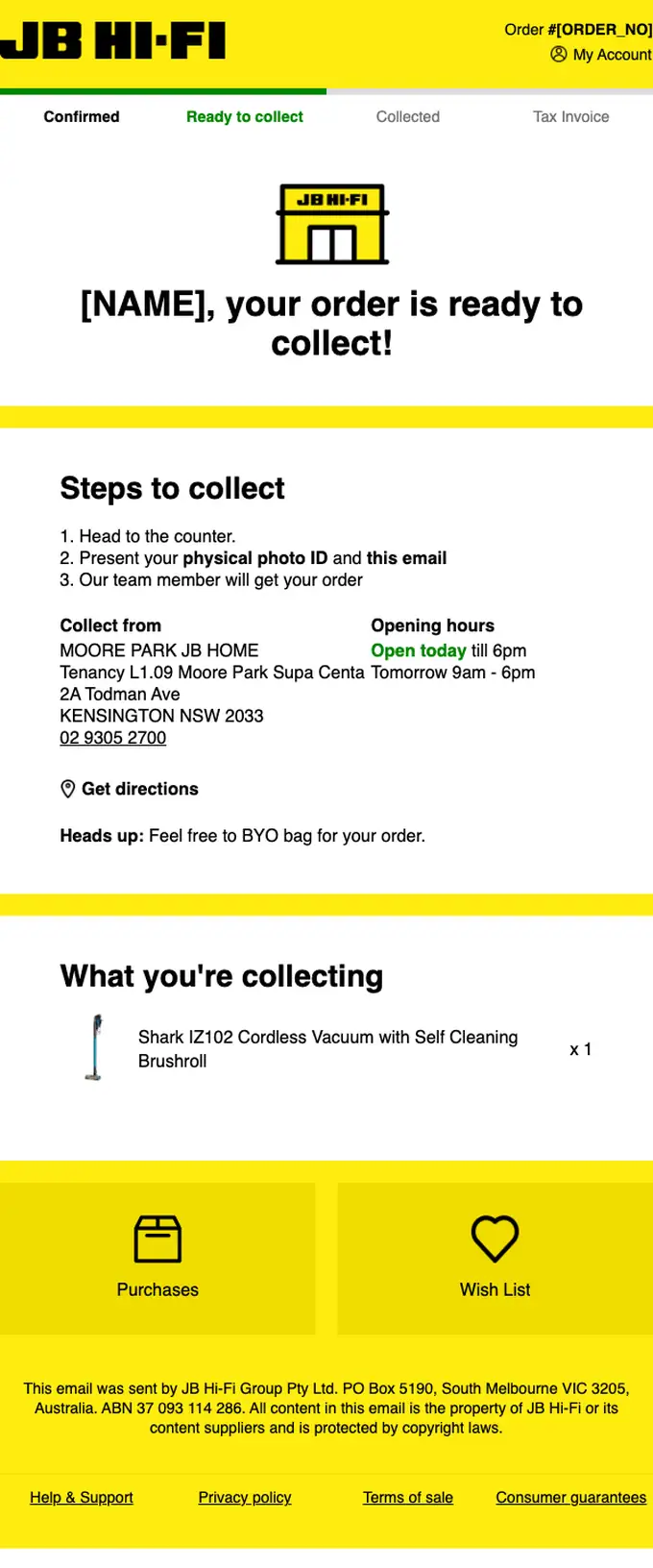 JB Hi-Fi order reminder email, full length