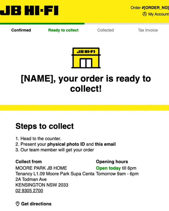 JB Hi-Fi order reminder email