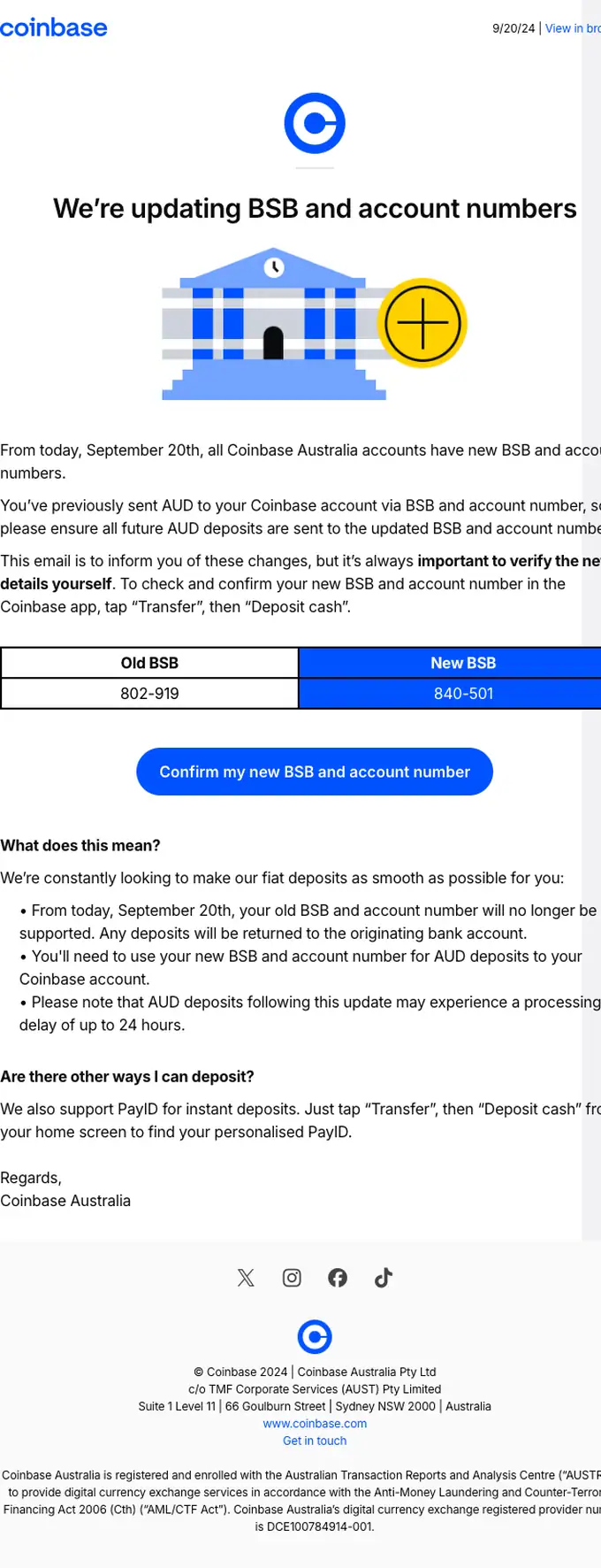 Coinbase account notice email, full length