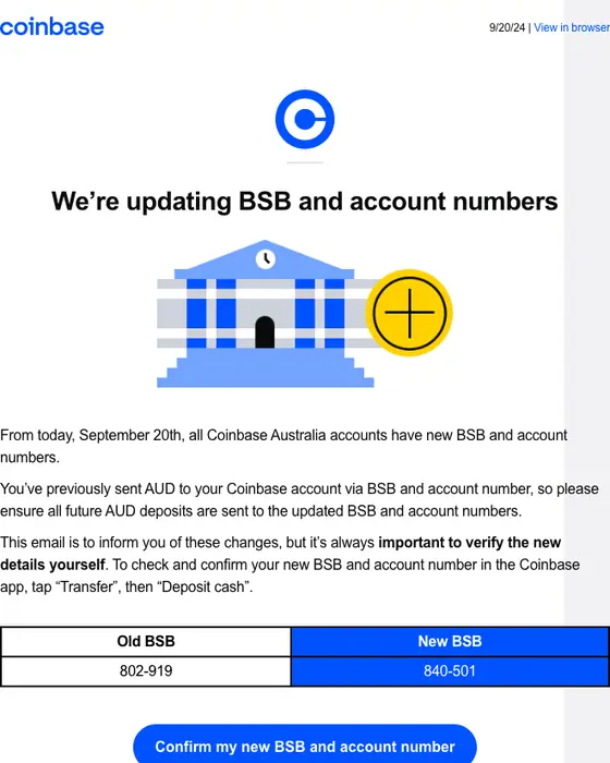 Coinbase account notice email