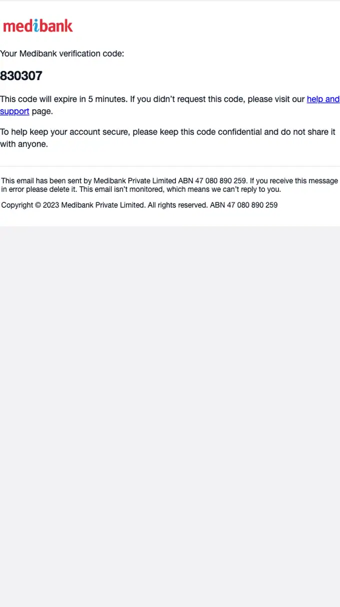 Medibank otp email, full length