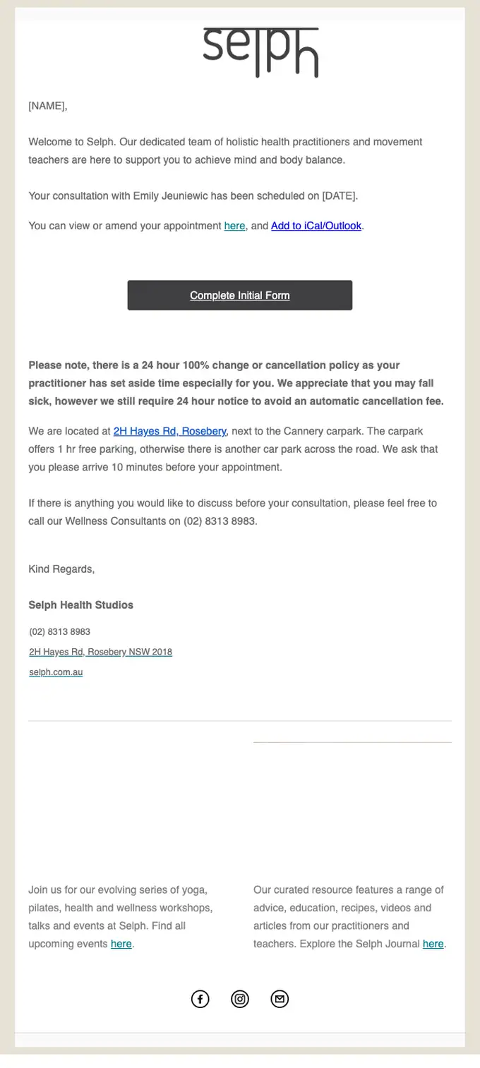 Selph Health Studios appointment email, full length