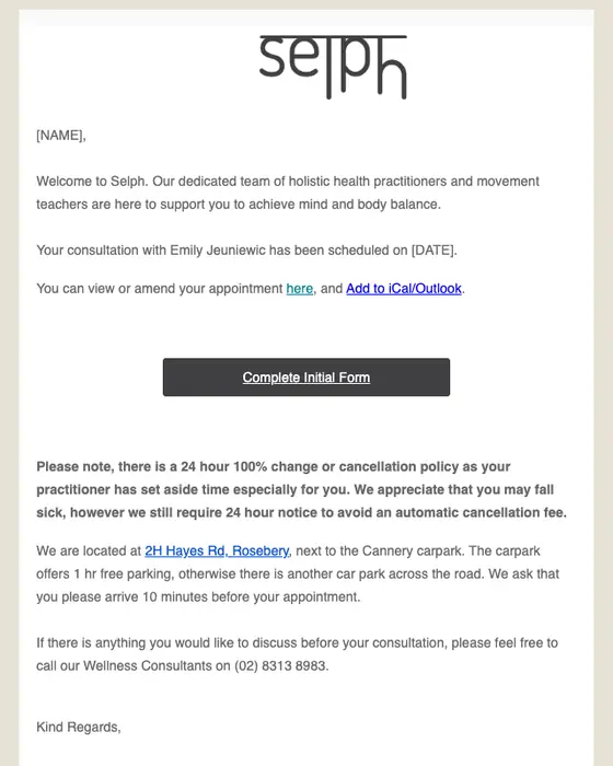 Selph Health Studios appointment email