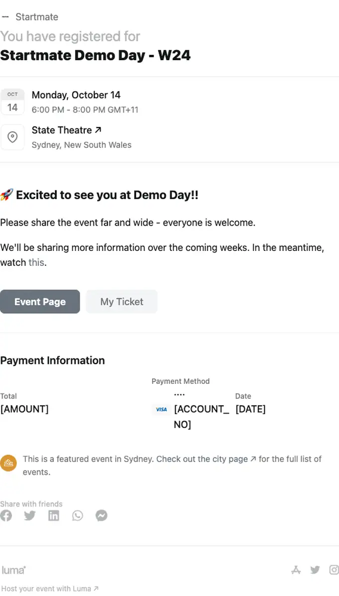 Startmate booking confirmation email, full length