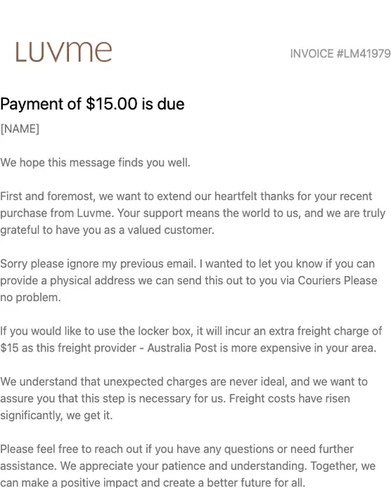 Luvme invoice email