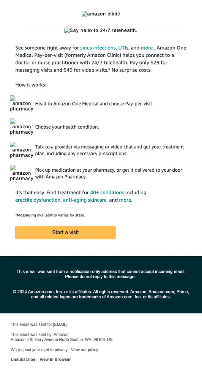 Amazon Health promotional email, full length