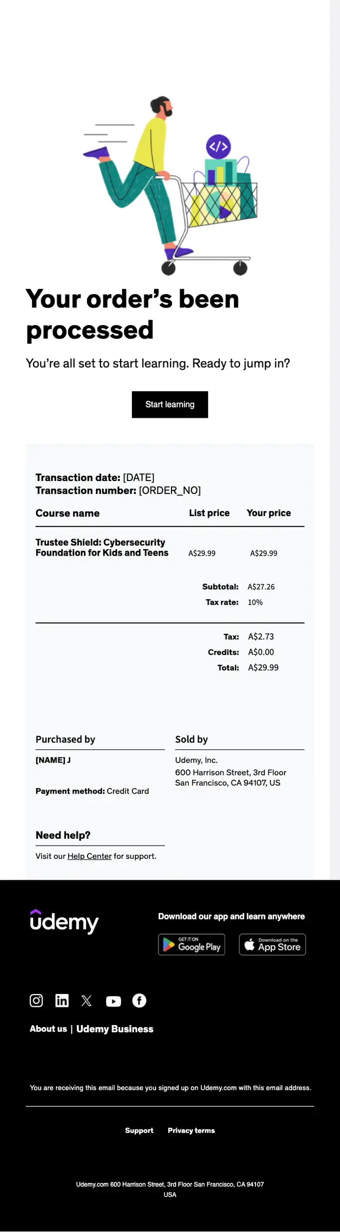 Udemy order confirmation email, full length