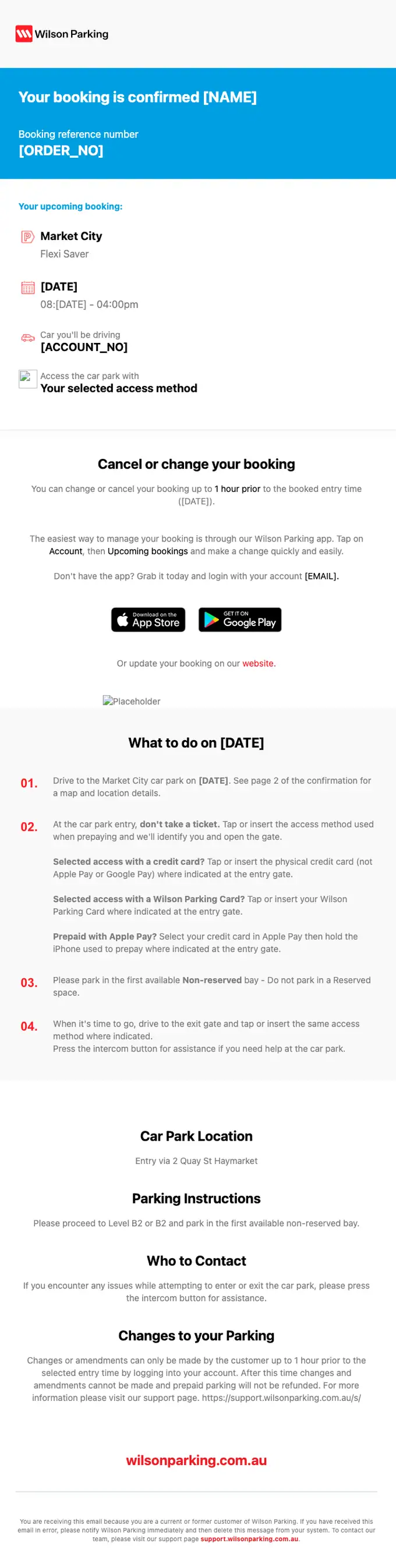 Wilson Parking booking confirmation email, full length