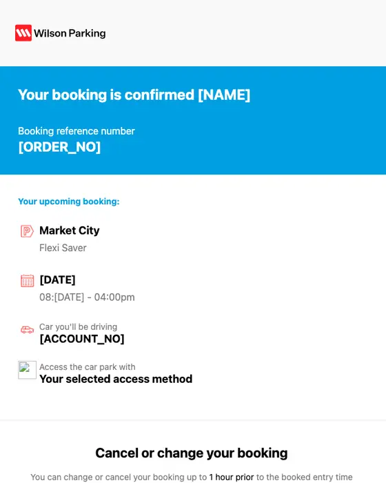 Wilson Parking booking confirmation email