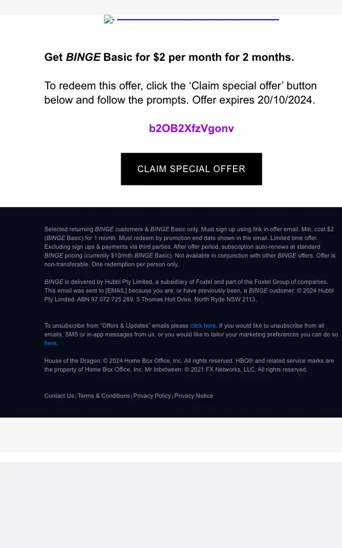 Binge discount offer email, full length