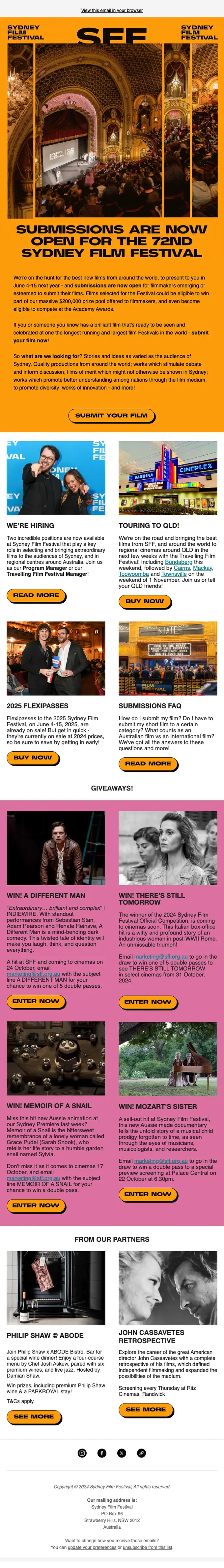 Sydney Film Festival newsletter email, full length