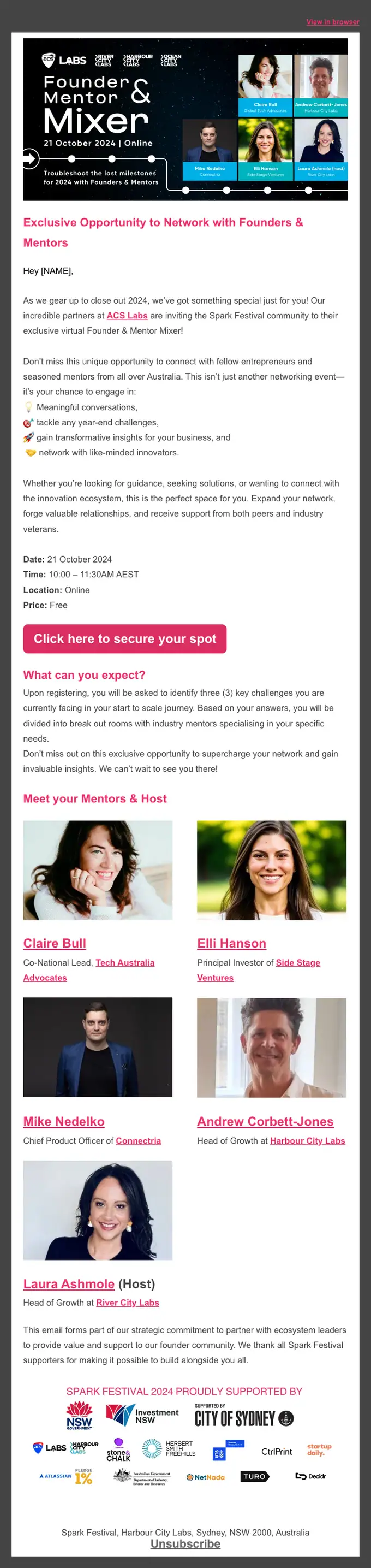 Spark Festival event invite email, full length
