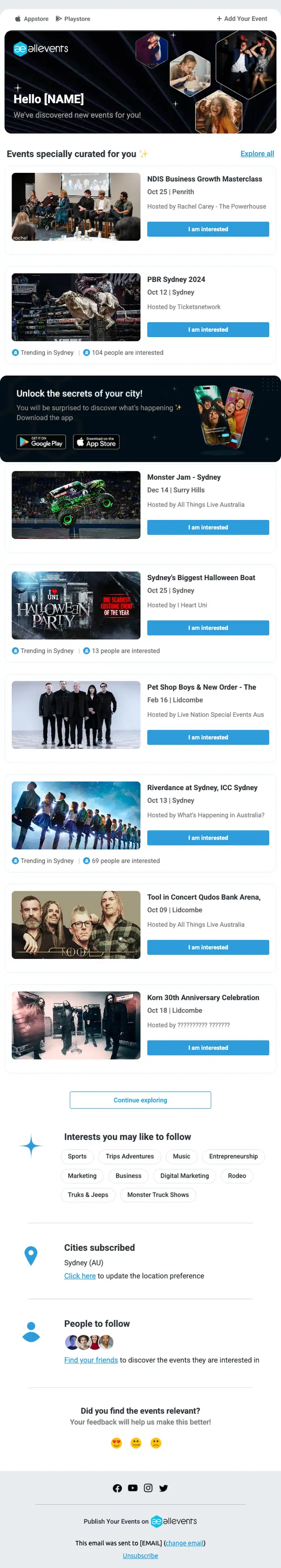AllEvents digest email, full length