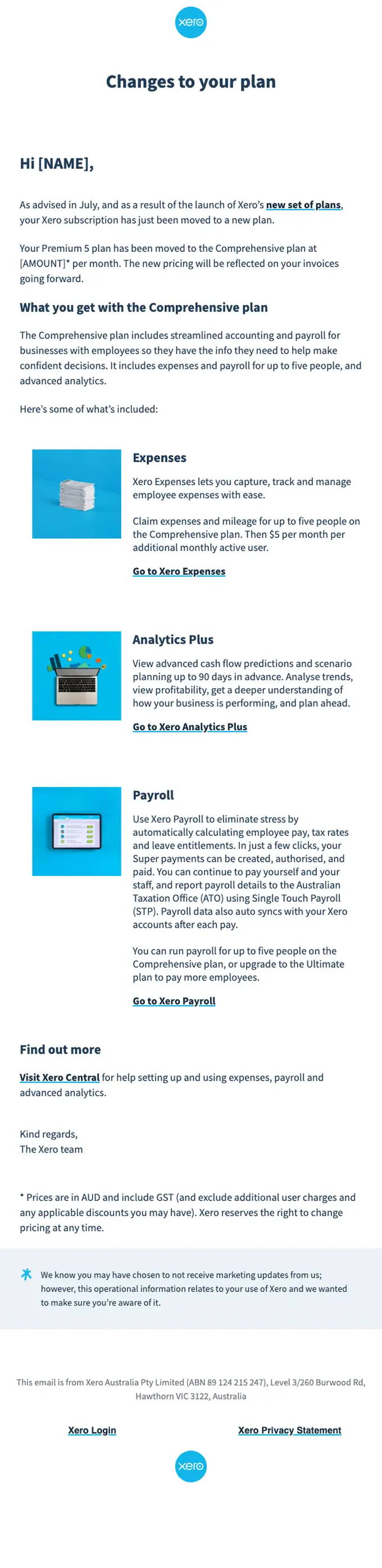 Xero account notice email, full length