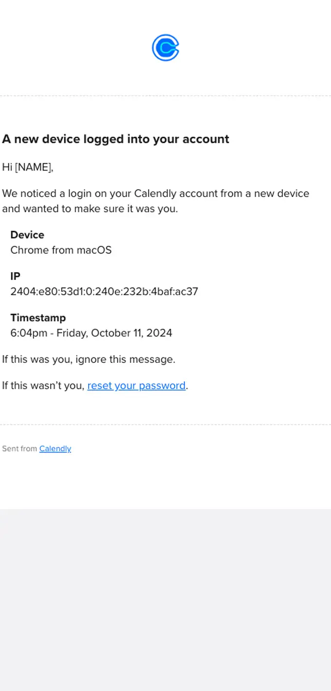 Calendly security alert email, full length