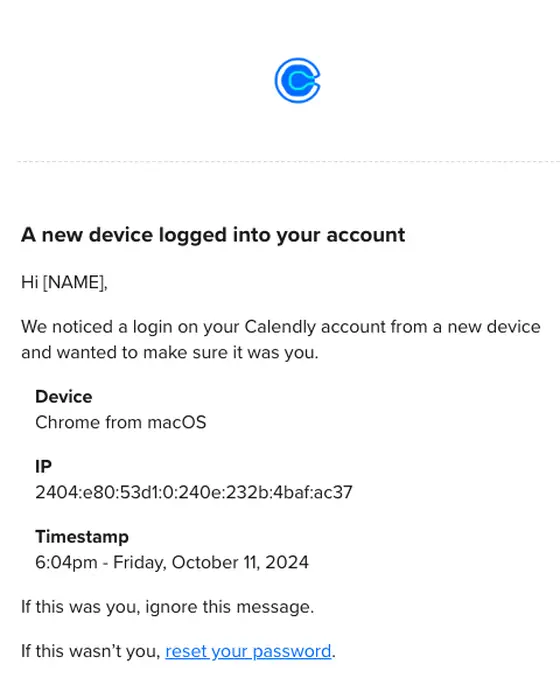 Calendly security alert email