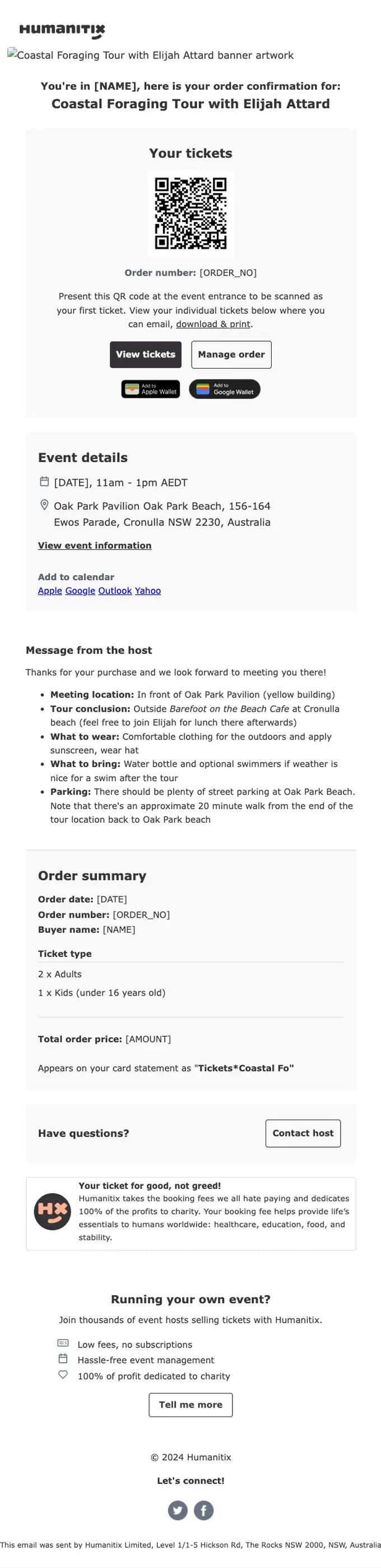 Glimpse (via Humanitix) order confirmation email, full length
