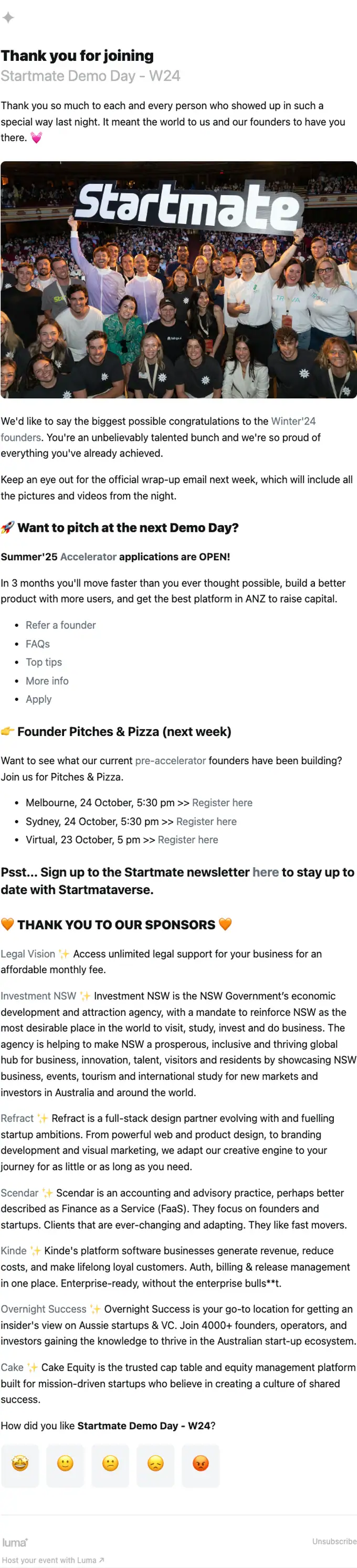 Startmate thank you email, full length