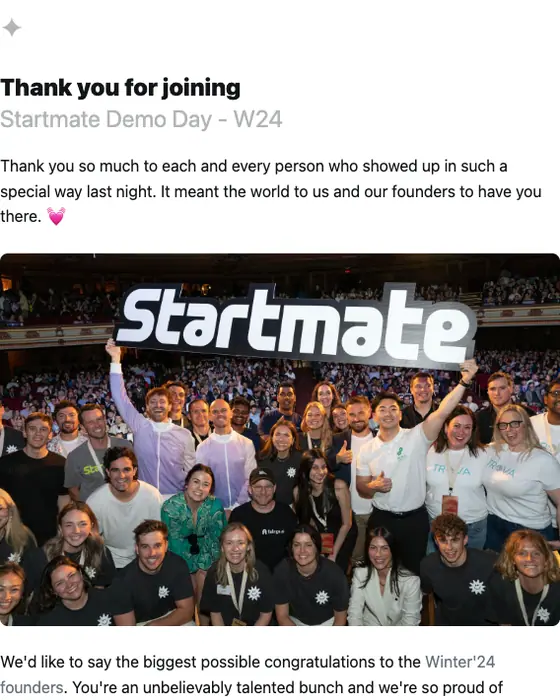 Startmate thank you email