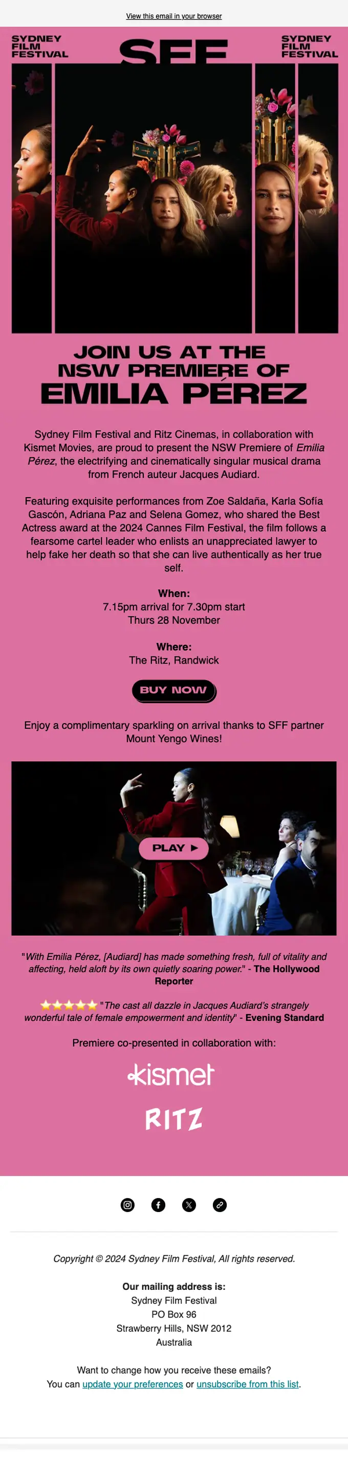 Sydney Film Festival event invite email, full length
