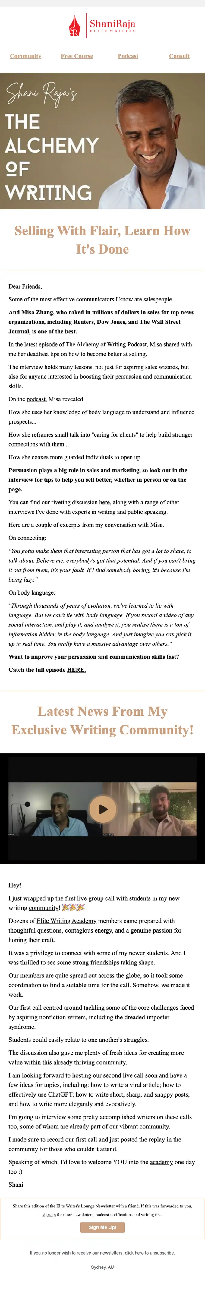 Shani Raja newsletter email, full length