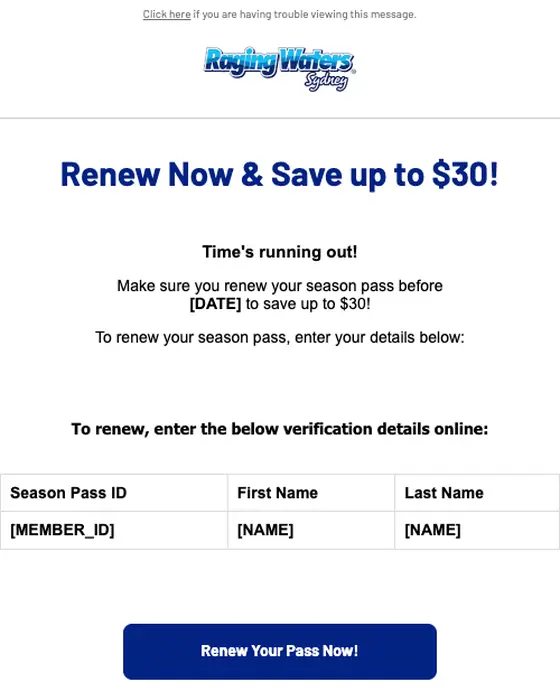 Raging Waters Sydney expiration notice email