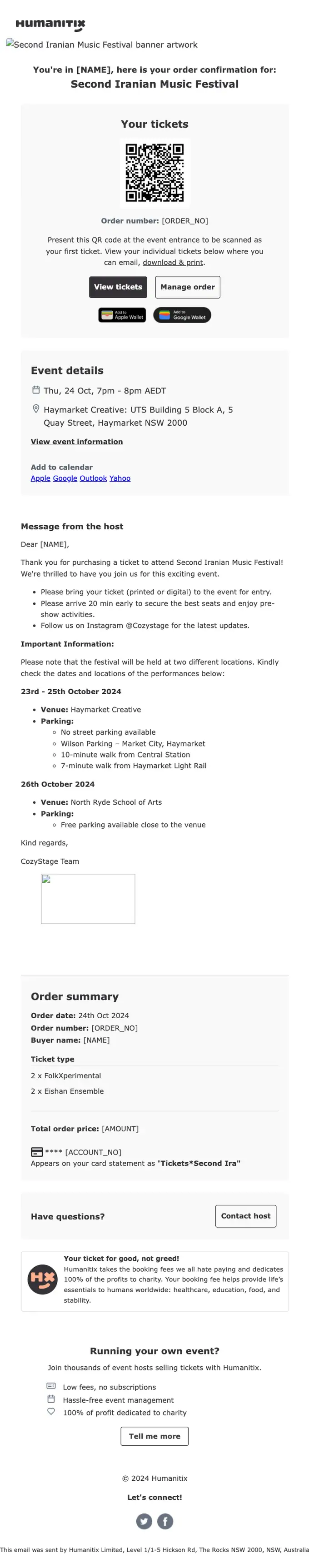 CozyStage Inc. order confirmation email, full length