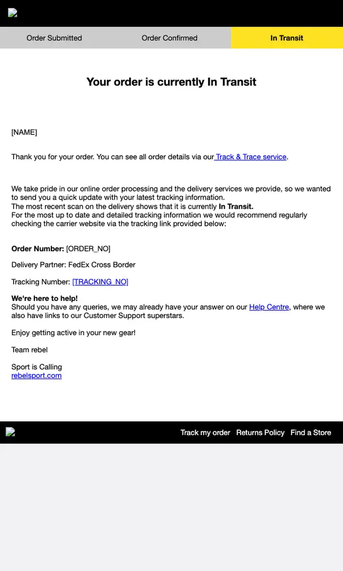 rebel Sport shipping email, full length