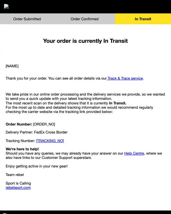 rebel Sport shipping email