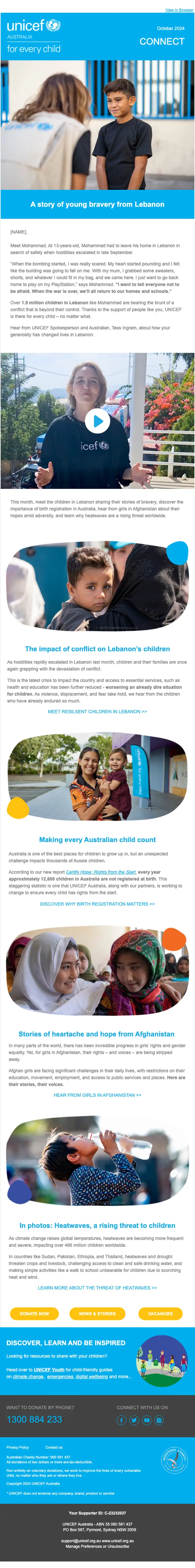 UNICEF Australia newsletter email, full length