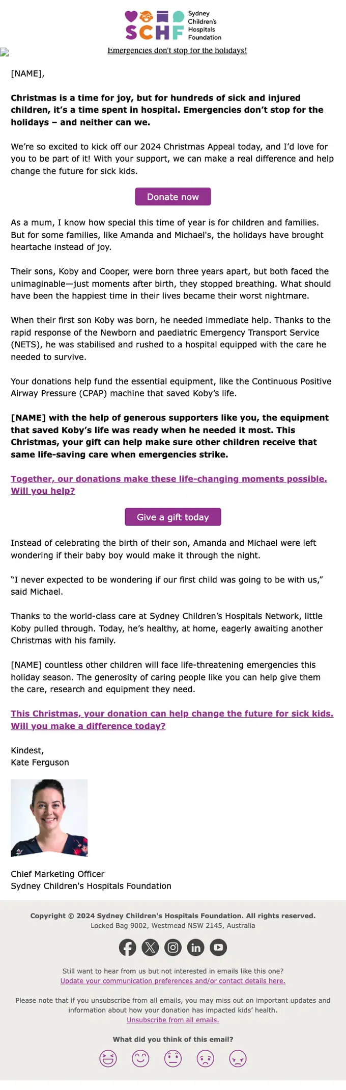 Sydney Children's Hospitals Foundation promotional email, full length