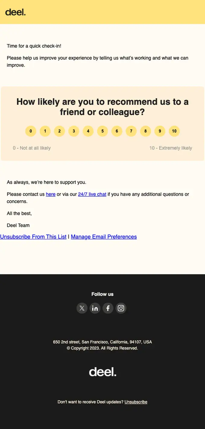 Deel survey email, full length