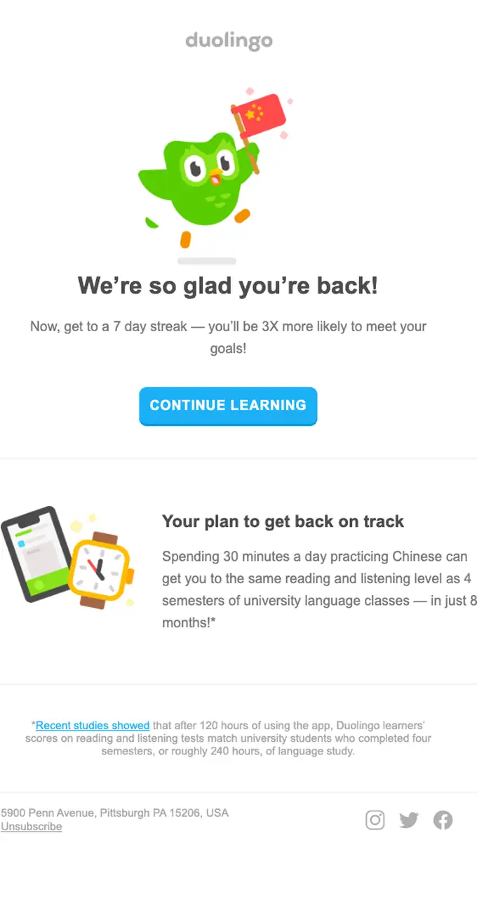Duolingo re engagement email, full length