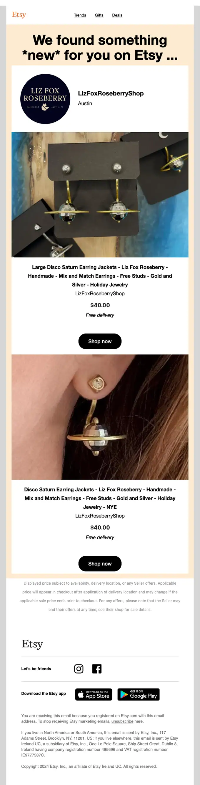Etsy product launch email, full length