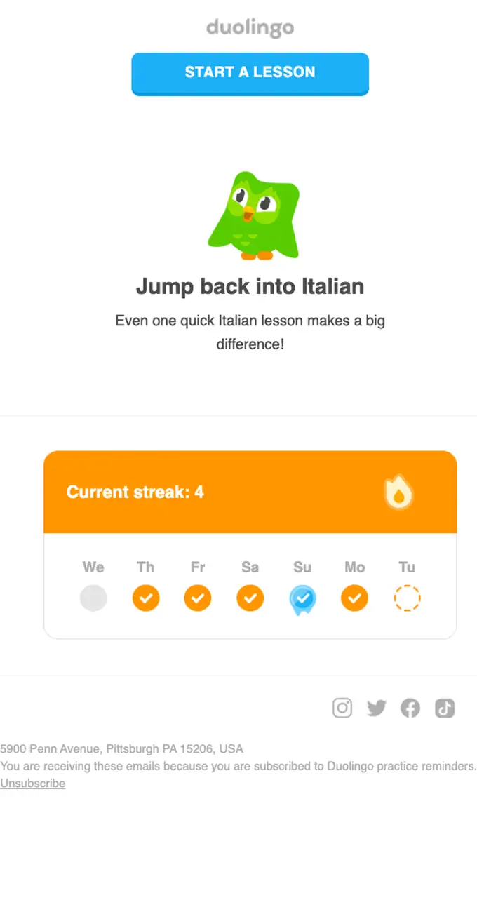 Duolingo re engagement email, full length