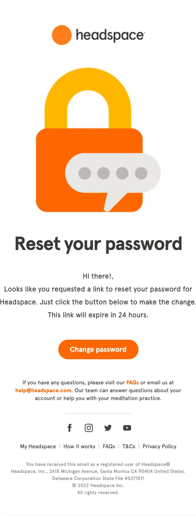Headspace password reset email, full length