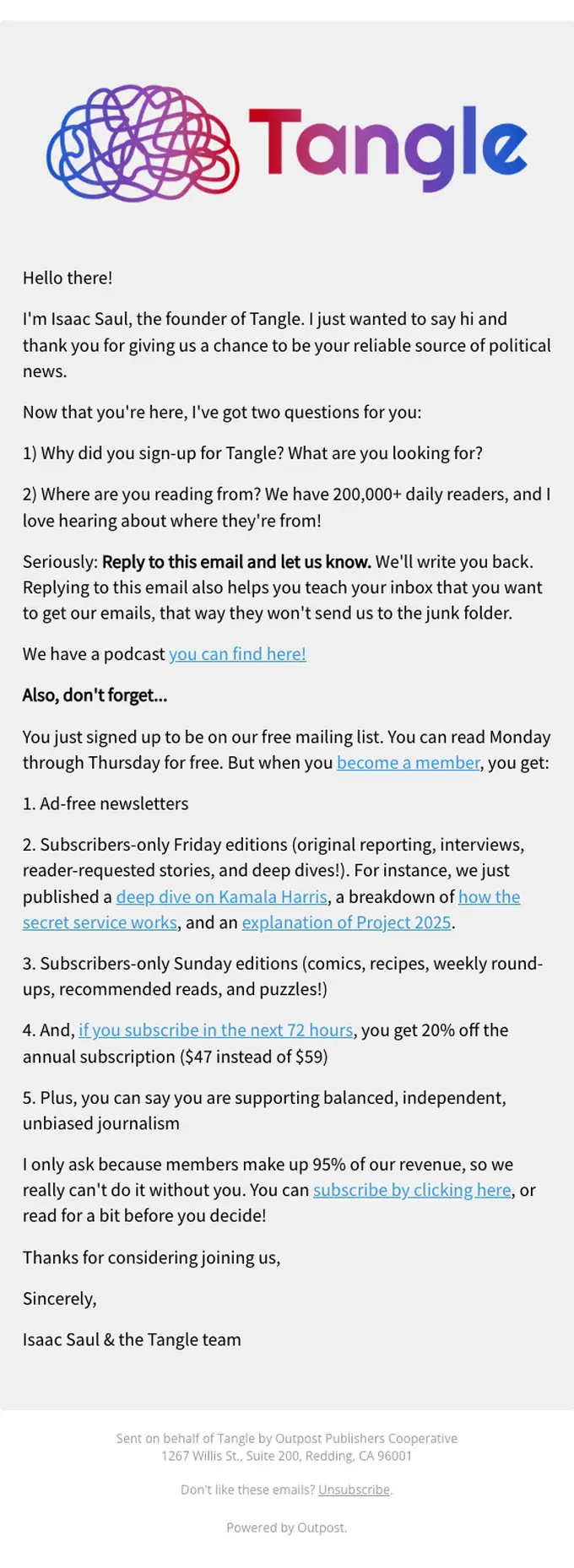 Tangle welcome email, full length
