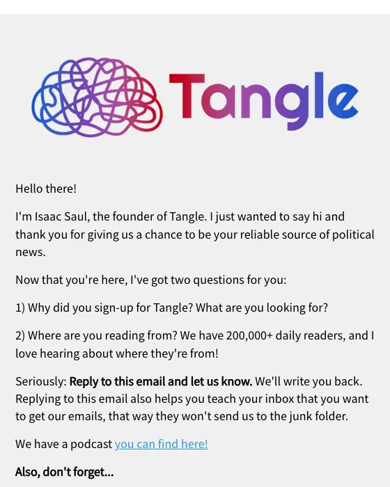 Tangle welcome email