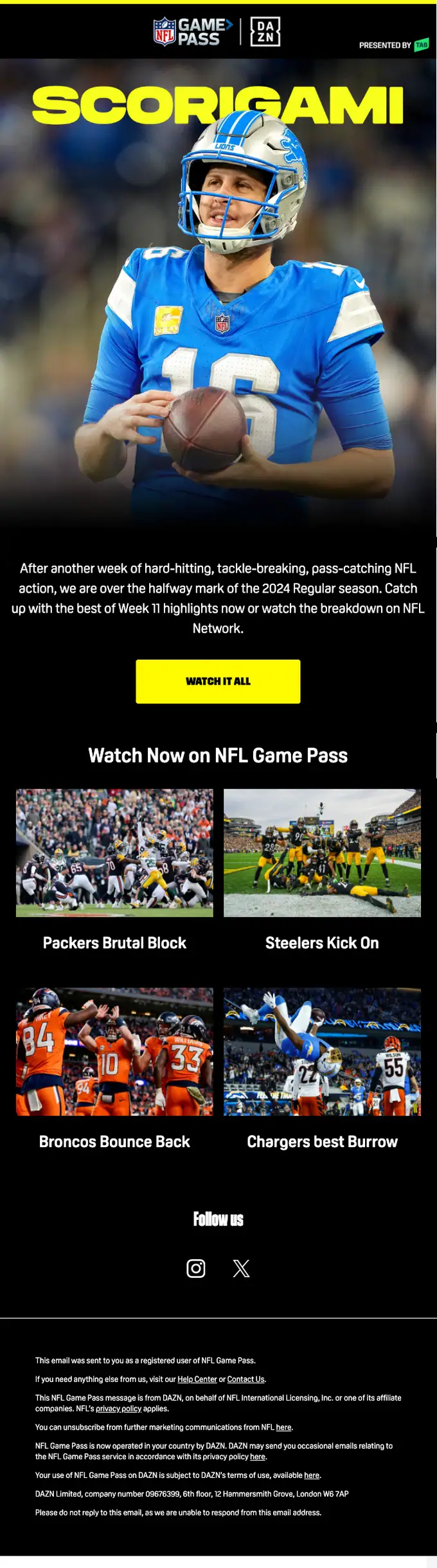 NFL Game Pass from DAZN newsletter email, full length