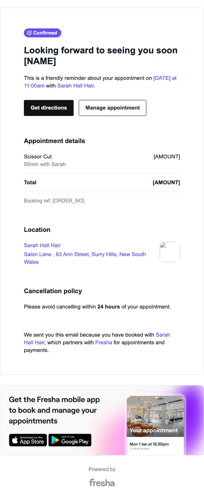 Sarah Hall Hair appointment email, full length