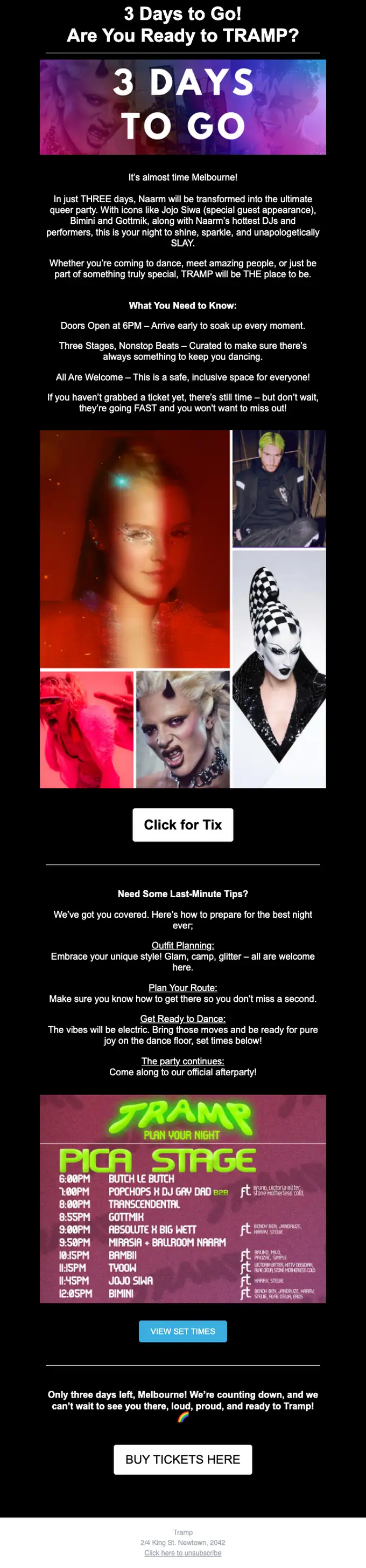 Tramp event invite email, full length